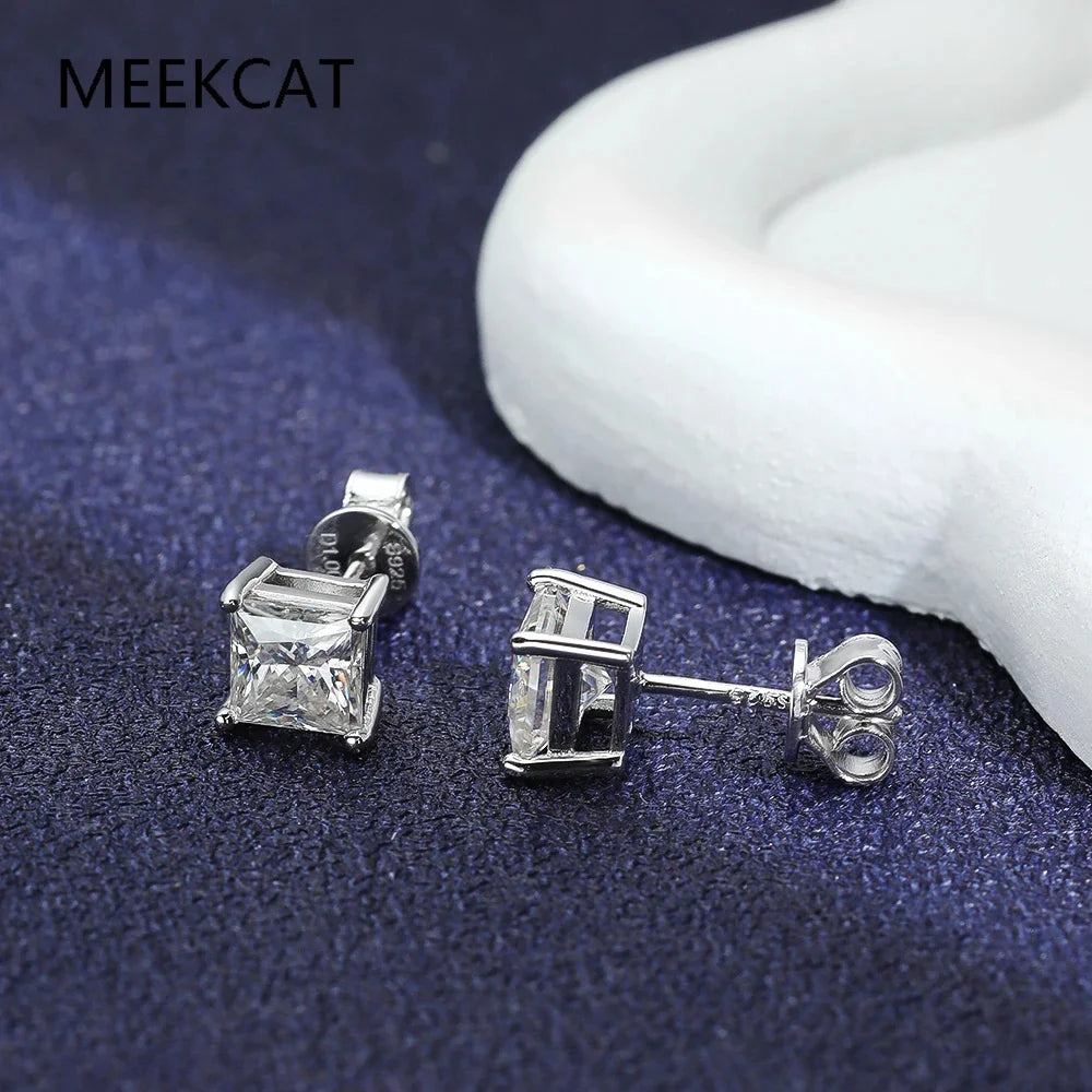2 Carat Princess Cut Moissanite 4 Prong Solitaire Stud Earrings in 18K White Gold Plating for Women
