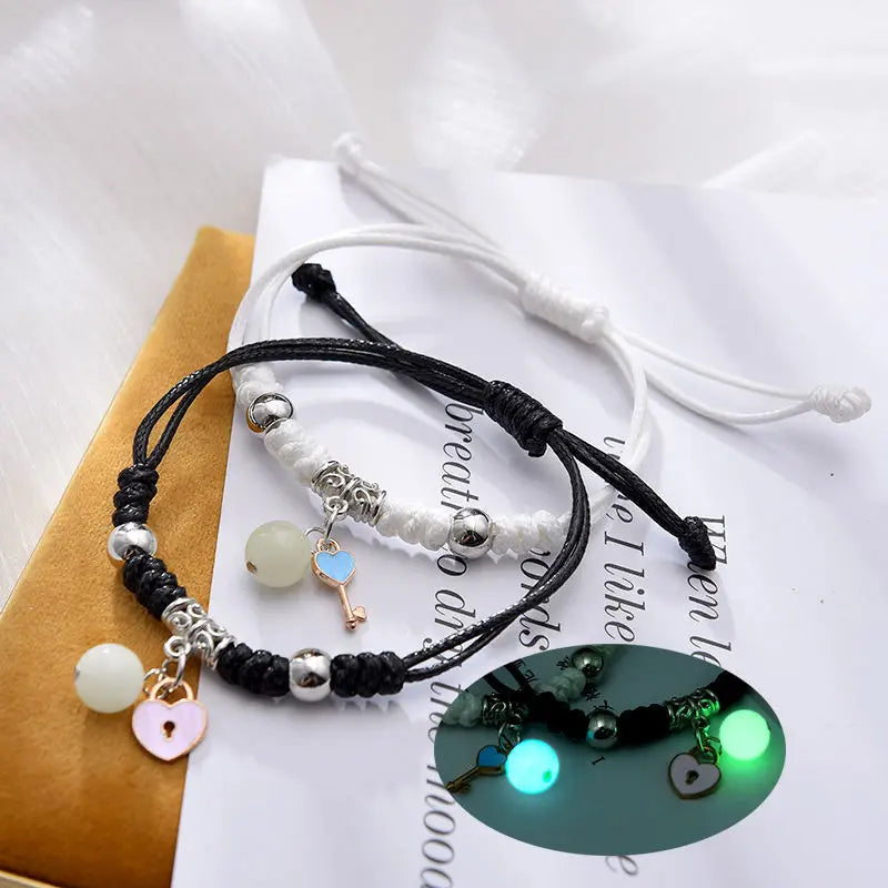 Fashion Luminous Beads Star Couple Bracelets for Women Men Charm Cat Flower Heart Key Lock Cross Matching Bracelets Bff Jewelry