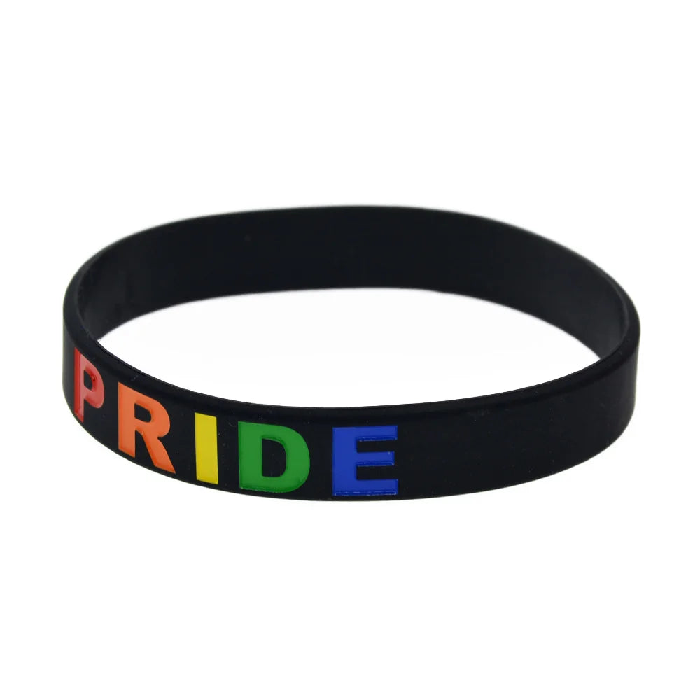 1 PC Rainbow Color Logo Pride Silicone Wristbands 1/2 Inch Wide Bangle Fashion Bracelet for LGBT Black and White