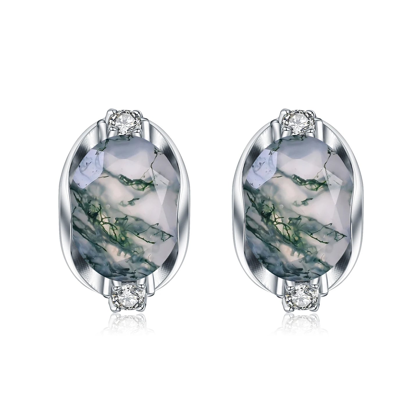 Dainty Gemstone Earrings 8X10Mm Oval Natural Moss Agate Studs Earrings in 925 Sterling Silver Gift for Her