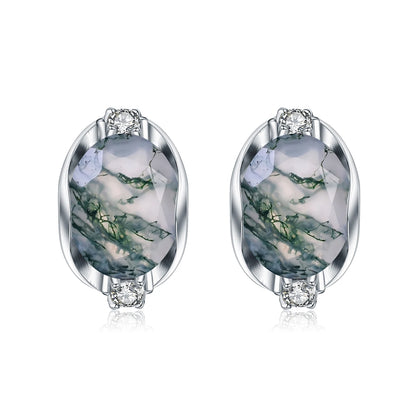 Dainty Gemstone Earrings 8X10Mm Oval Natural Moss Agate Studs Earrings in 925 Sterling Silver Gift for Her