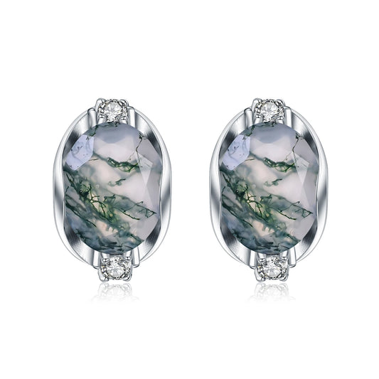 Dainty Gemstone Earrings 8X10Mm Oval Natural Moss Agate Studs Earrings in 925 Sterling Silver Gift for Her