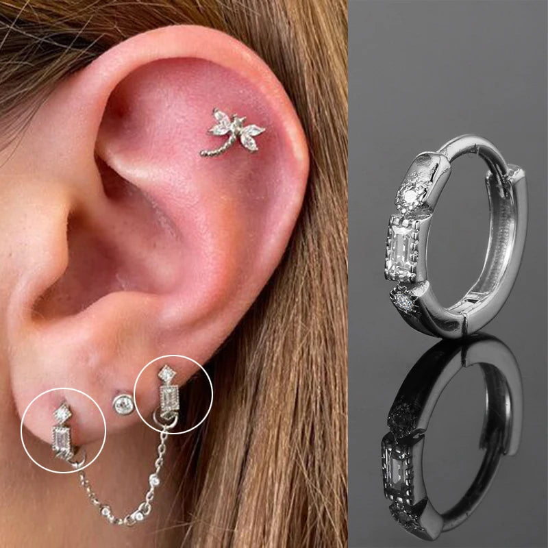 INS New Piercing Hoop Earrings for Women Geometry Zirconia Tragus Helix Rook Ear Cartilage Fashion Jewelry Girls Gifts