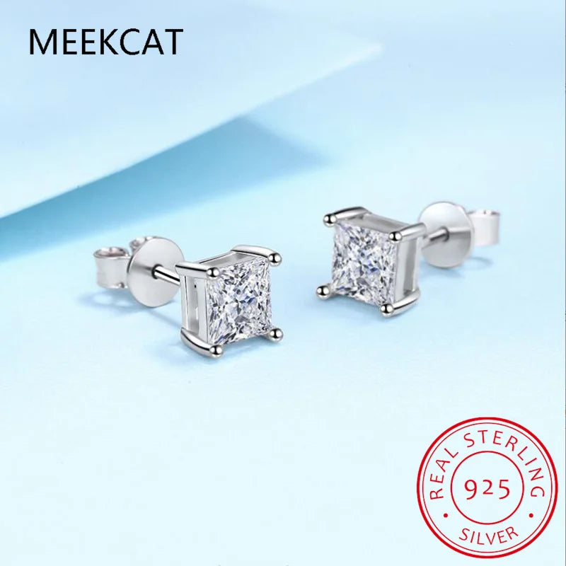 2 Carat Princess Cut Moissanite 4 Prong Solitaire Stud Earrings in 18K White Gold Plating for Women