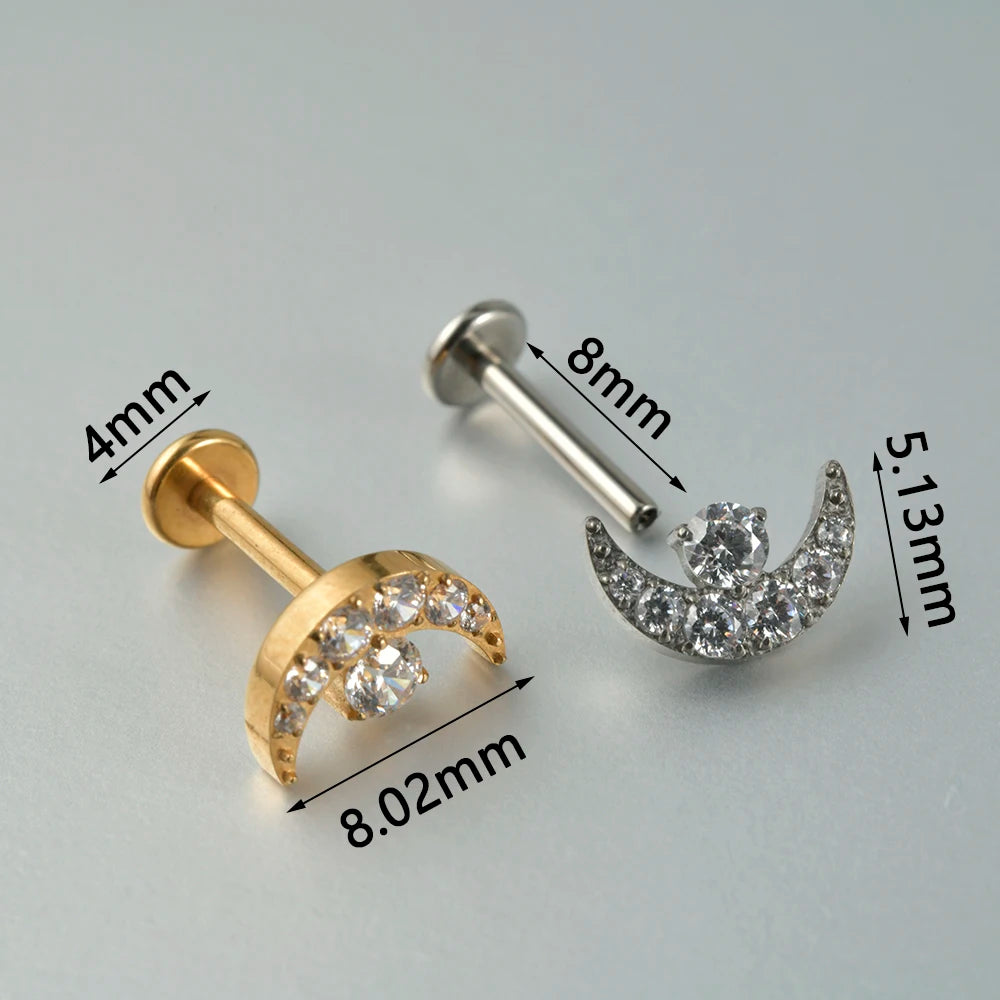1PC G23 Titanium Moon Cross Cz Silver/Gold Labret Lip Studs Ear Cartilage Tragus Helix Earrings Daith Lobe Piercing Body Jewelry