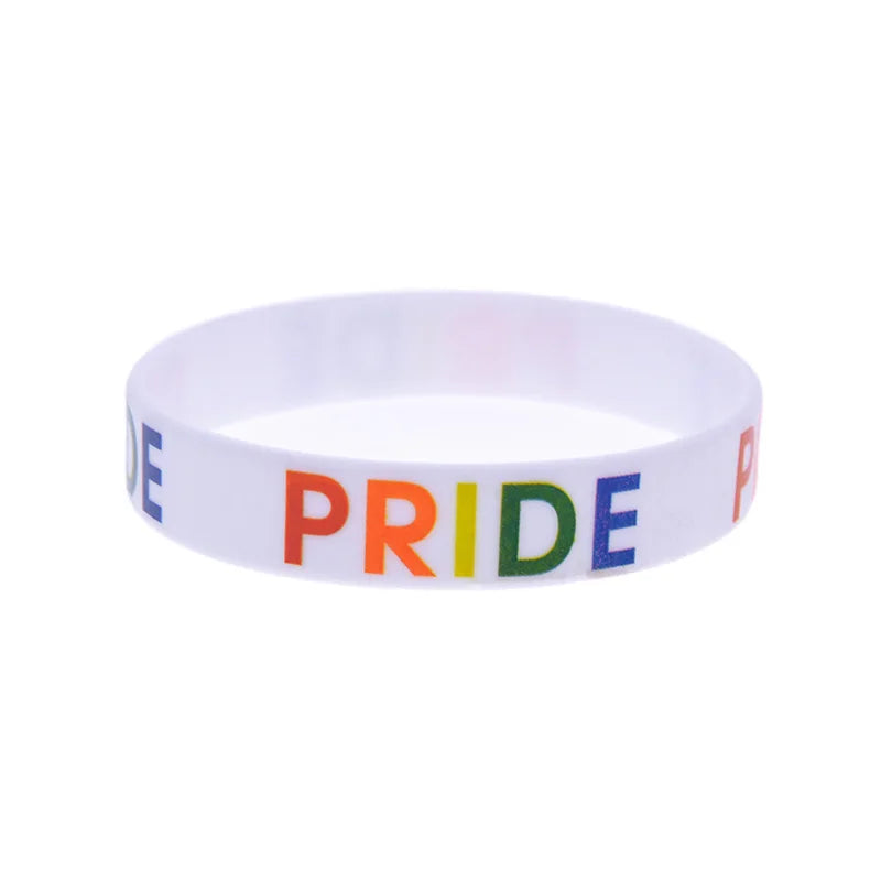 1 PC Rainbow Color Logo Pride Silicone Wristbands 1/2 Inch Wide Bangle Fashion Bracelet for LGBT Black and White
