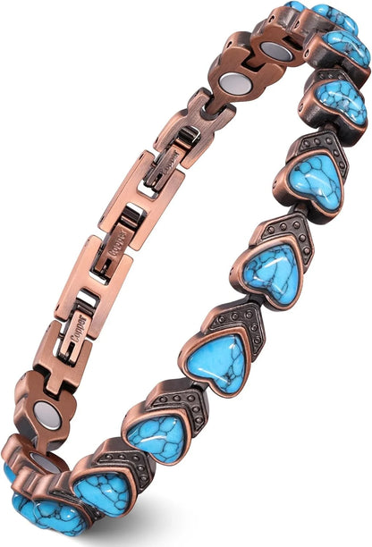 Feraco Pure Copper Bracelets for Women, Ultra Strength Magnetic Bracelet with 3800 Gauss Magnets & Natural Turquoise & Stones,