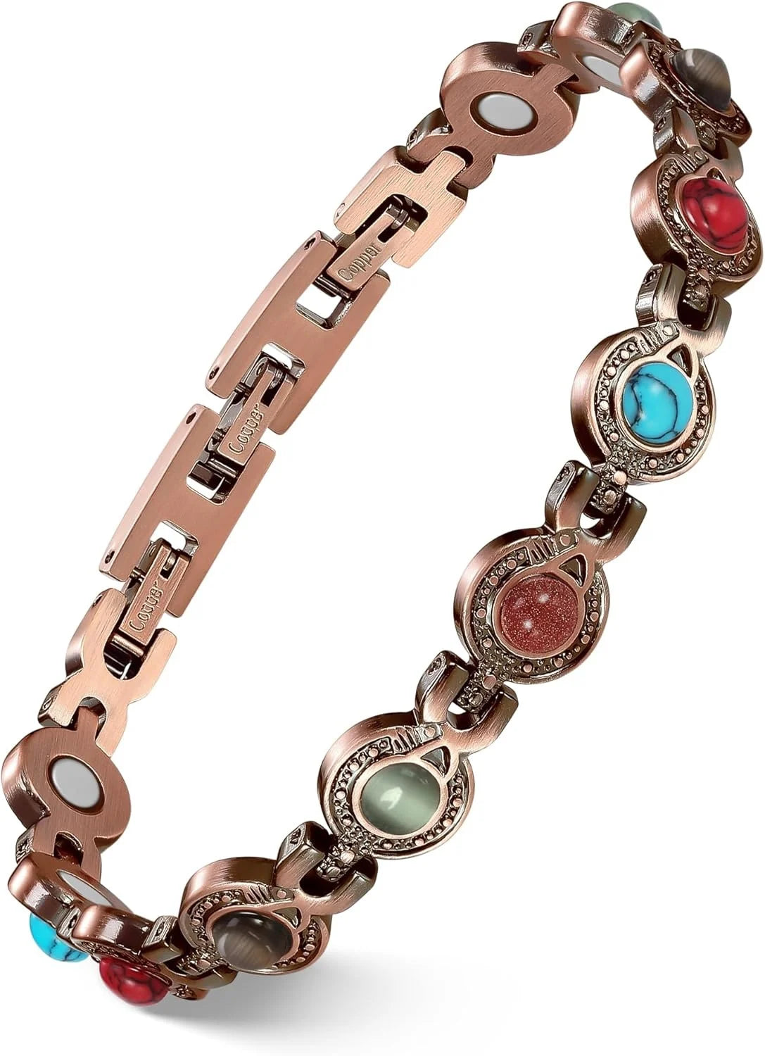 Feraco Pure Copper Bracelets for Women, Ultra Strength Magnetic Bracelet with 3800 Gauss Magnets & Natural Turquoise & Stones,