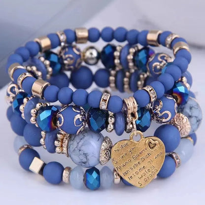 4Pcs/Set Boho Strand Bracelets for Women Crystal Beads Bracelets Heart Letter Elastic Bangles Wristband Yoga Jewelry Gifts