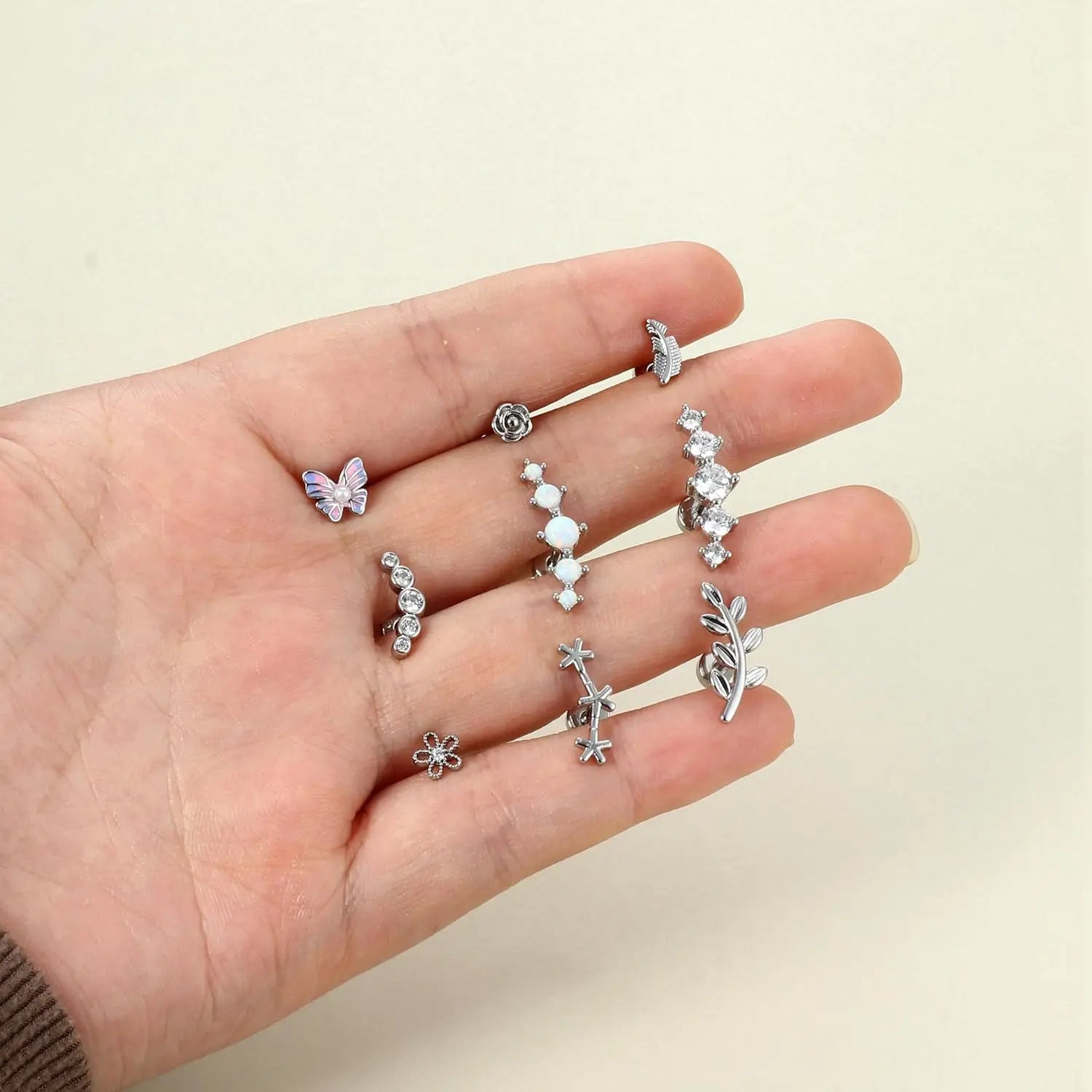 Cartilage Earring Stainless Steel Helix for Women Opal CZ Stud Earrings Butterfly Flat Back Cartilage Piercing Jewelry