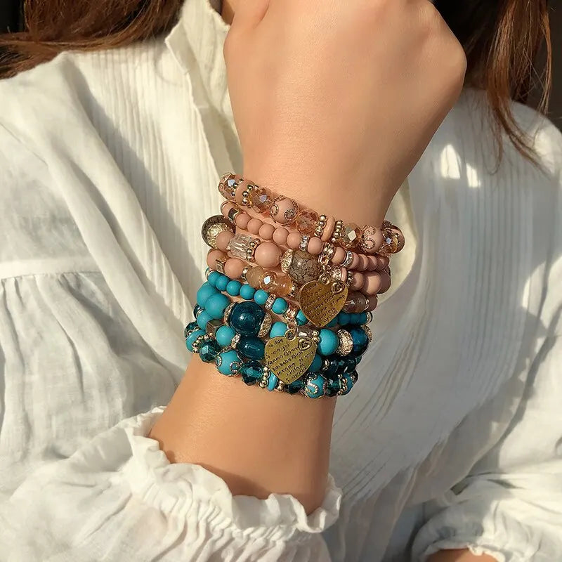 4Pcs/Set Boho Strand Bracelets for Women Crystal Beads Bracelets Heart Letter Elastic Bangles Wristband Yoga Jewelry Gifts