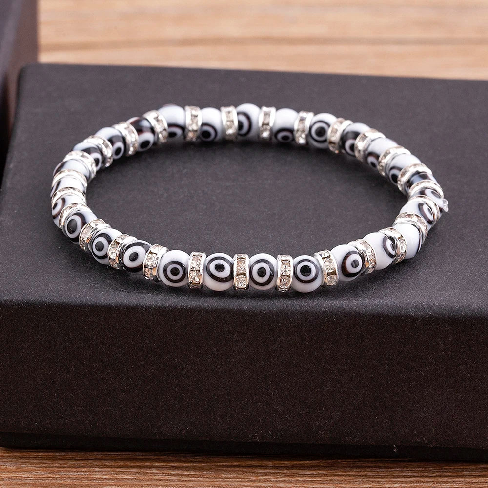 Hot Sale Lucky Evil Eye Handmade Elastic Rope Bracelets Glass Beads and 6MM Crystal 8 Colors Fine Party Adjustable Jewelry