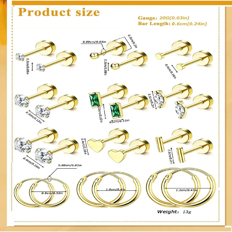 2Pcs 14K Gold Plated Flat Back Stud Earrings for Women, Hypoallergenic Stainless Steel Screw Back Cartigale Conch Helix Earrings