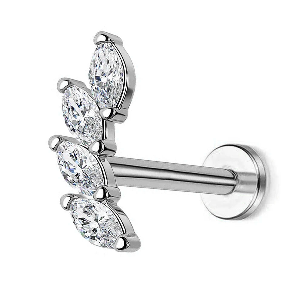 Petals with CZ Labret Piercing 100% 316L Surgical Steel Gold and Silver Color Cartilage Helix Flat Back Earrings Body Jewelry