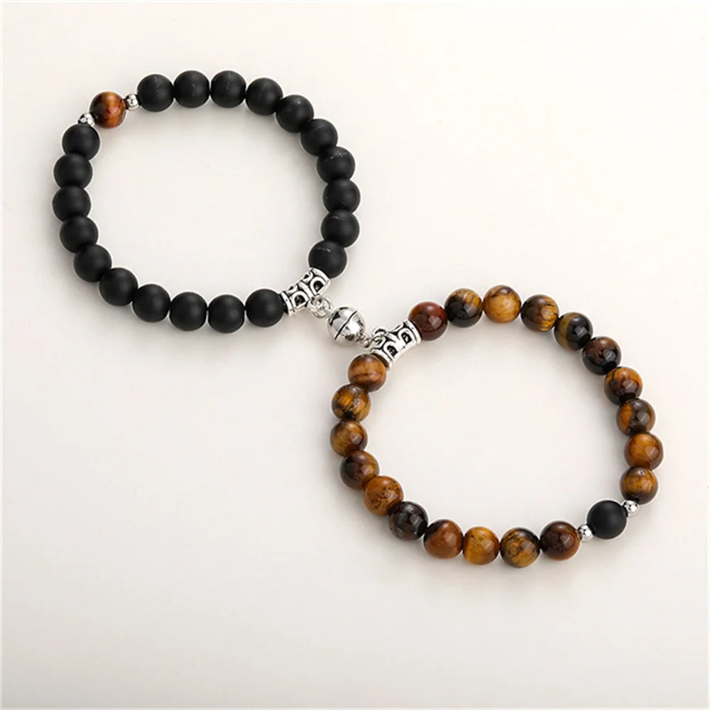 2Pcs/Set Couple Bracelets Natural Stone Beads Heart Shaped Distance Magnet Attraction Bracelet for Lovers Jewelry Gifts 2024 New
