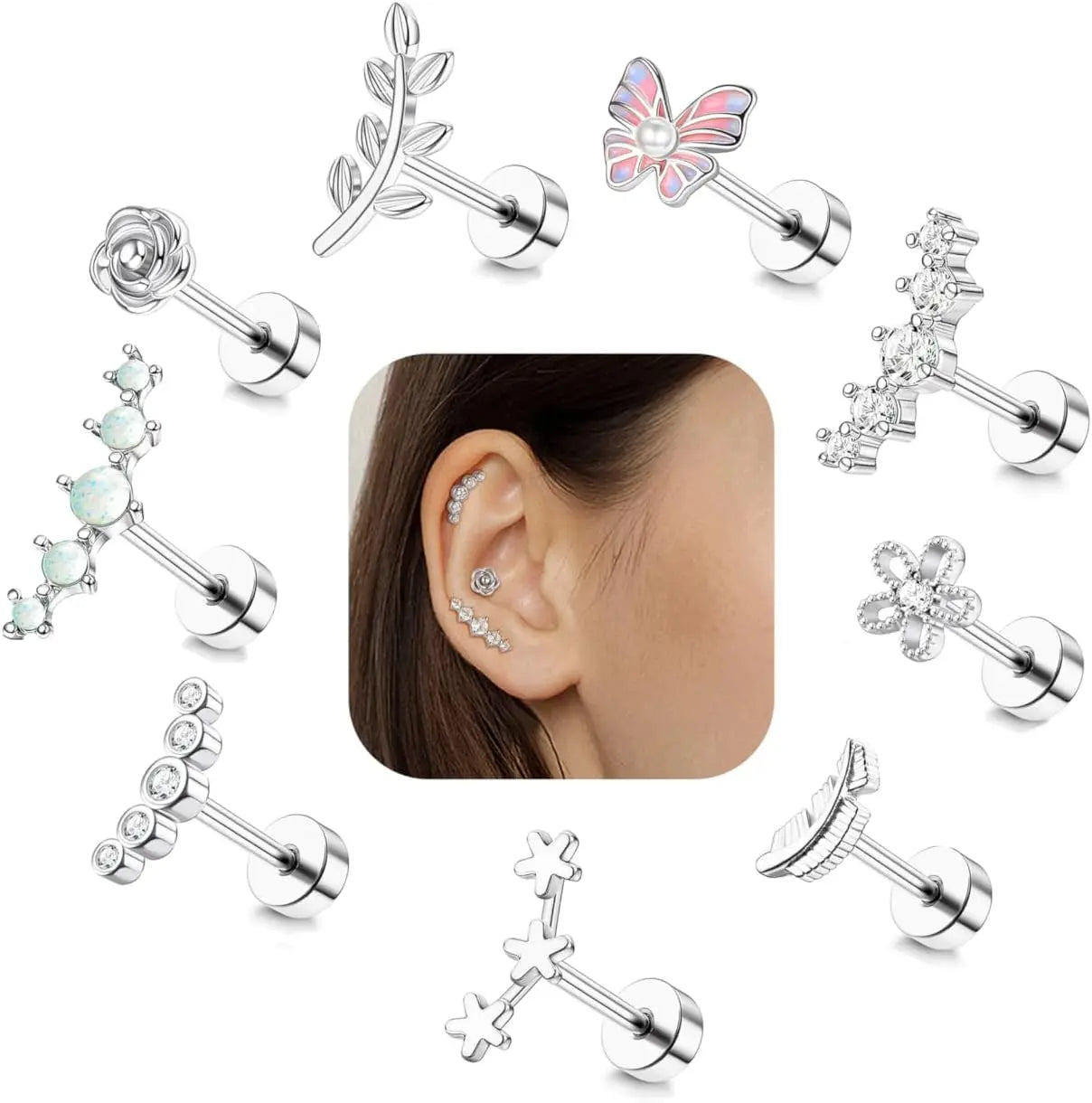 Cartilage Earring Stainless Steel Helix for Women Opal CZ Stud Earrings Butterfly Flat Back Cartilage Piercing Jewelry