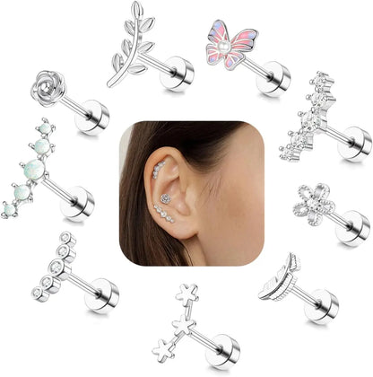 Cartilage Earring Stainless Steel Helix for Women Opal CZ Stud Earrings Butterfly Flat Back Cartilage Piercing Jewelry