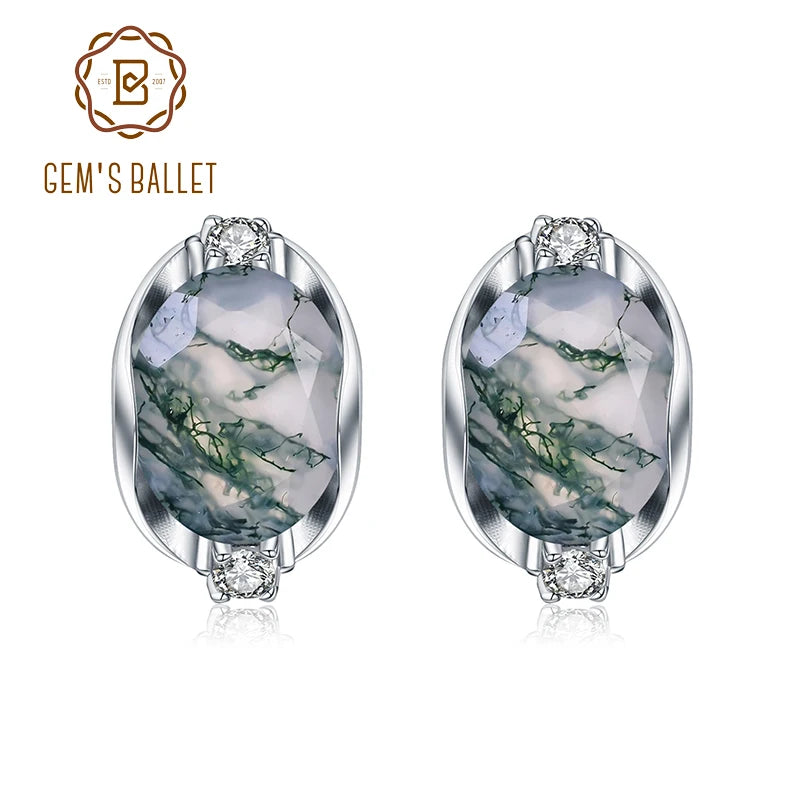 Dainty Gemstone Earrings 8X10Mm Oval Natural Moss Agate Studs Earrings in 925 Sterling Silver Gift for Her