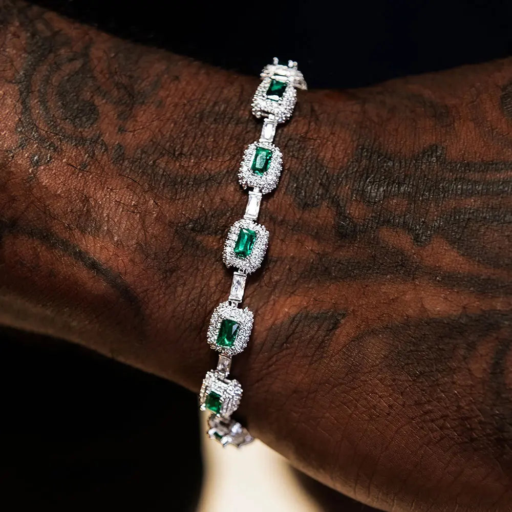 Fine Jewelry White Gold Emerald Bracelet with Diamond 7Mm Iced Green Emerald Bracelet Gemstone Women Men Gift