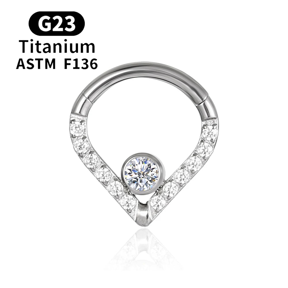 G23 Titanium round Hoop D Shape Nose Ring Daith Heart Earring 16G CZ Hinged Segment Ear Tragus Cartilage Helix Piercing Jewelry