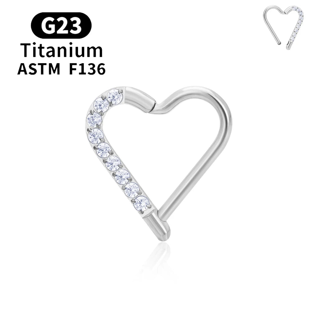 G23 Titanium round Hoop D Shape Nose Ring Daith Heart Earring 16G CZ Hinged Segment Ear Tragus Cartilage Helix Piercing Jewelry