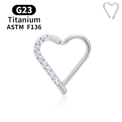 G23 Titanium round Hoop D Shape Nose Ring Daith Heart Earring 16G CZ Hinged Segment Ear Tragus Cartilage Helix Piercing Jewelry