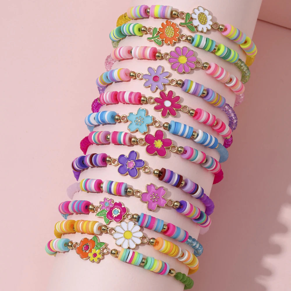12Pcs/Set Unicorn Cat Flower Charm Elastic Handmade Beaded Bracelets for Women Girls Birthday Party Jewelry Friendship Gift