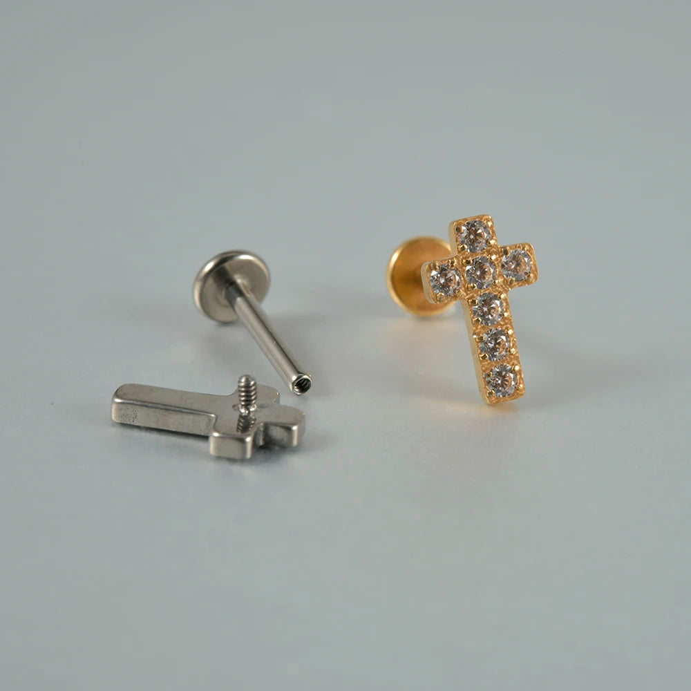 1PC G23 Titanium Moon Cross Cz Silver/Gold Labret Lip Studs Ear Cartilage Tragus Helix Earrings Daith Lobe Piercing Body Jewelry