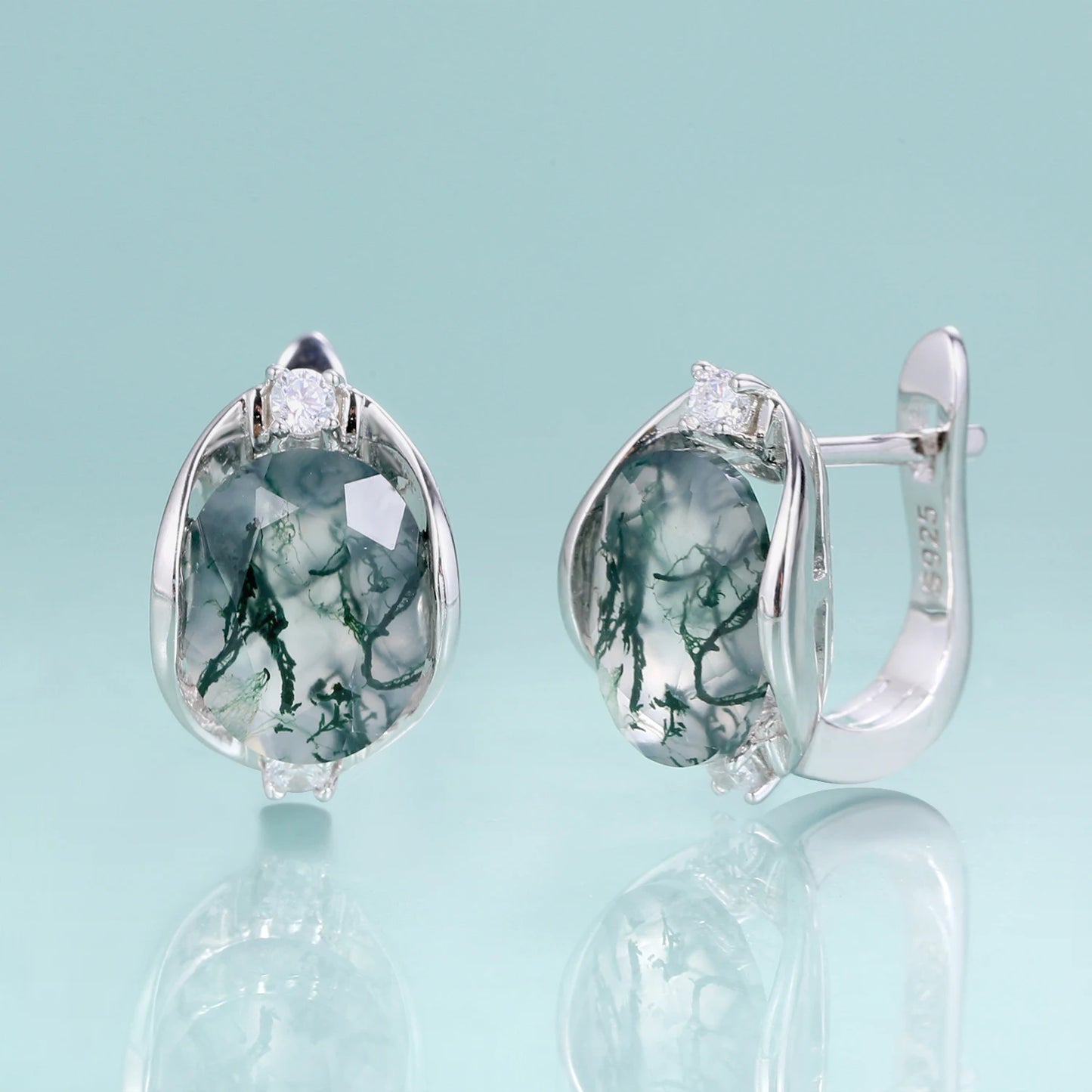 Dainty Gemstone Earrings 8X10Mm Oval Natural Moss Agate Studs Earrings in 925 Sterling Silver Gift for Her
