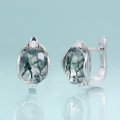 Dainty Gemstone Earrings 8X10Mm Oval Natural Moss Agate Studs Earrings in 925 Sterling Silver Gift for Her