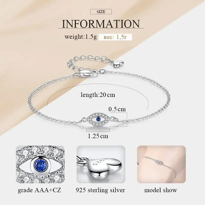 Lucky Evil Eye Bracelet 925 Sterling Silver Bracelets for Women Blue Stone CZ Turkey Adjustable Men Jewelry KLTB099