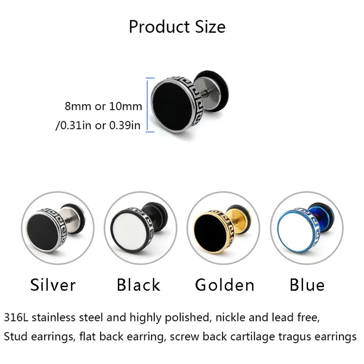 2Pcs 316L Stainless Steel Vintage Flat Back Stud Earrings for Men Women,Unisex Screw Back Cartilage Tragus Piercing Jewelry