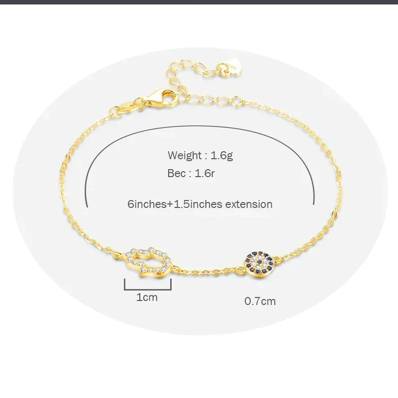925 Sterling Silver Link Chain Bracelets for Women Hamsa Hand Evil Eye Charm Bracelet Turkish Rose Gold Jewelry