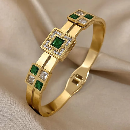 Luxury Royal Emerald Green White Zircon Stainless Steel Bangle Cuff Bracelet Italian Charm Large CZ Waterproof Bangles Jewelry