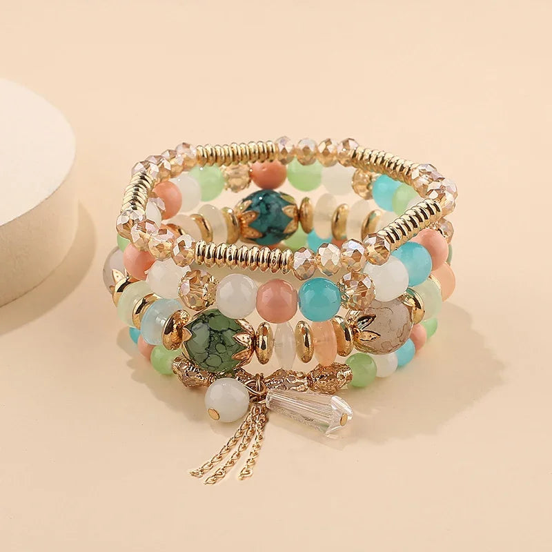 4Pcs Bohemian Stackable Beaded Bracelets Set for Women Multilayered Glass Beads Stretch Chain Charm Bracelet Men Fashion Jewelry