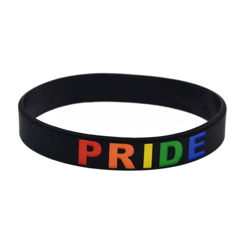 1 PC Rainbow Color Logo Pride Silicone Wristbands 1/2 Inch Wide Bangle Fashion Bracelet for LGBT Black and White