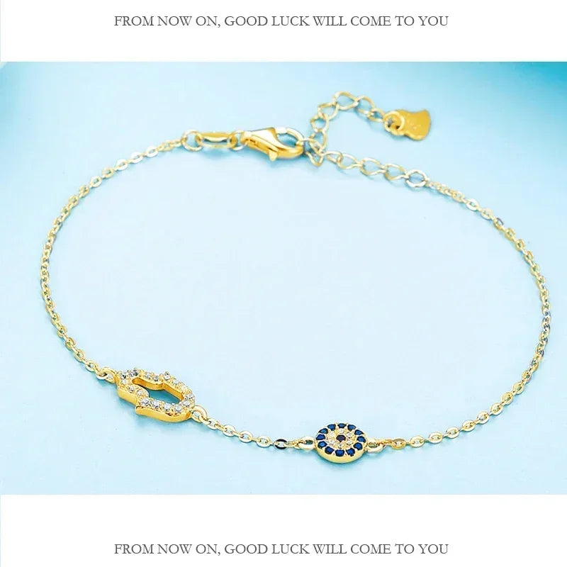 925 Sterling Silver Link Chain Bracelets for Women Hamsa Hand Evil Eye Charm Bracelet Turkish Rose Gold Jewelry