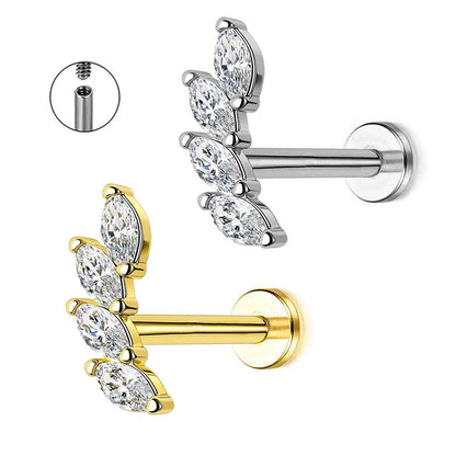 Petals with CZ Labret Piercing 100% 316L Surgical Steel Gold and Silver Color Cartilage Helix Flat Back Earrings Body Jewelry