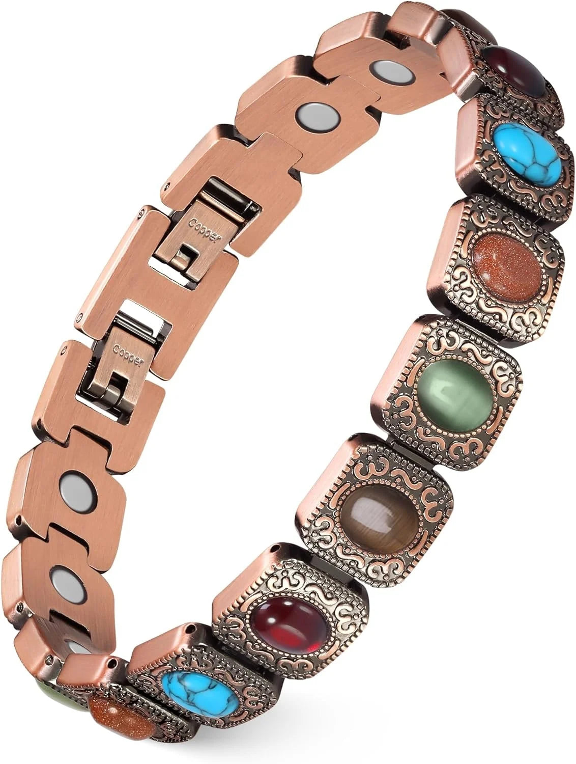 Feraco Pure Copper Bracelets for Women, Ultra Strength Magnetic Bracelet with 3800 Gauss Magnets & Natural Turquoise & Stones,