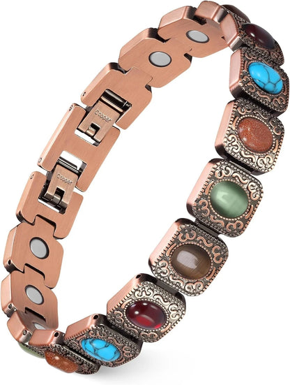 Feraco Pure Copper Bracelets for Women, Ultra Strength Magnetic Bracelet with 3800 Gauss Magnets & Natural Turquoise & Stones,