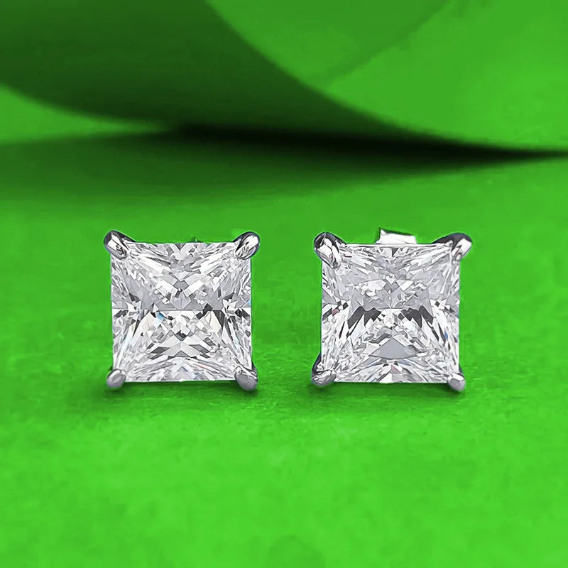 2 Carat Princess Cut Moissanite 4 Prong Solitaire Stud Earrings in 18K White Gold Plating for Women