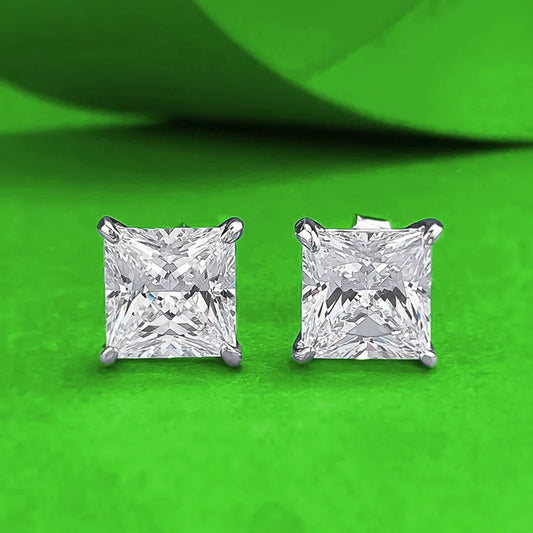 2 Carat Princess Cut Moissanite 4 Prong Solitaire Stud Earrings in 18K White Gold Plating for Women