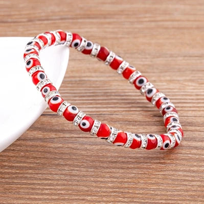 Hot Sale Lucky Evil Eye Handmade Elastic Rope Bracelets Glass Beads and 6MM Crystal 8 Colors Fine Party Adjustable Jewelry