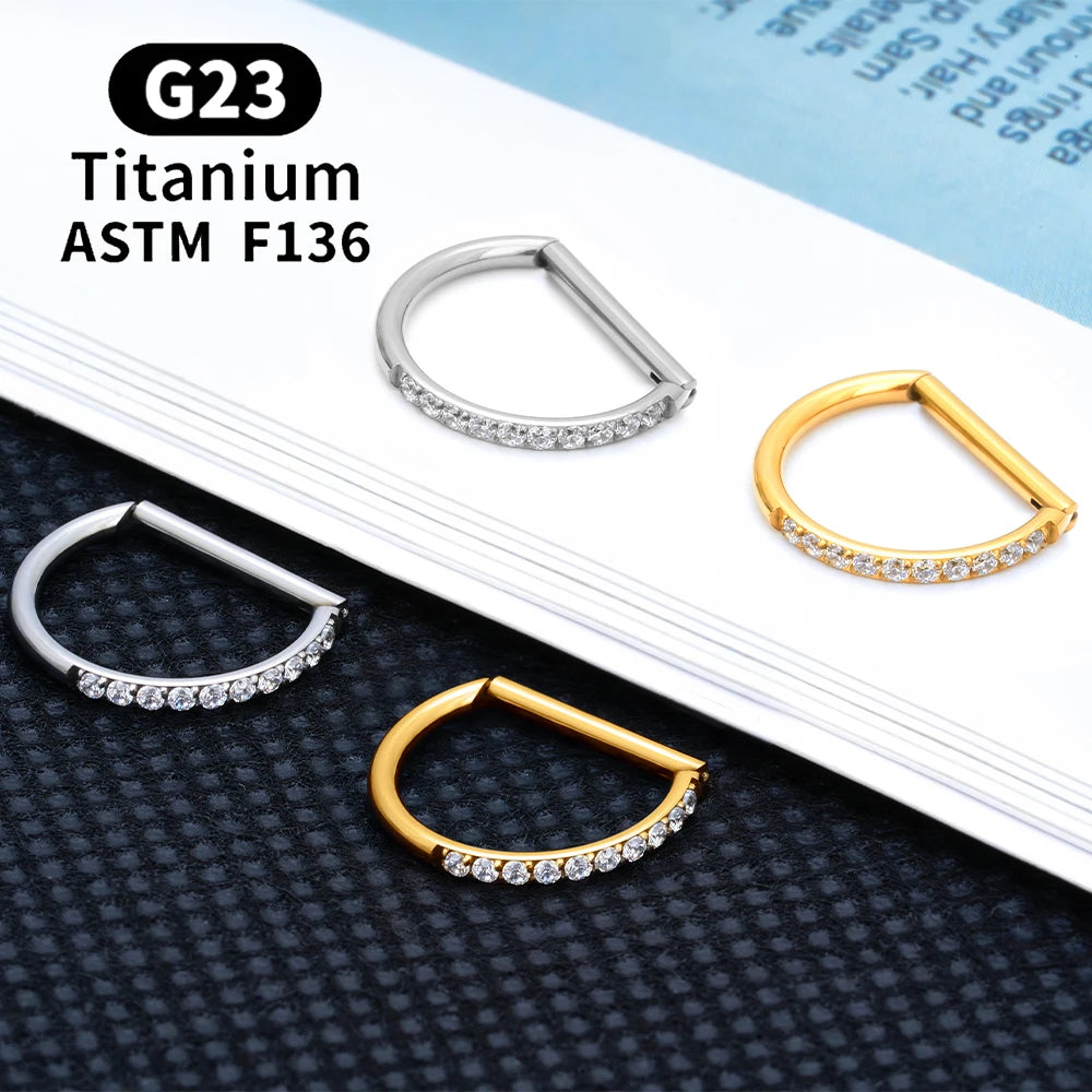 G23 Titanium round Hoop D Shape Nose Ring Daith Heart Earring 16G CZ Hinged Segment Ear Tragus Cartilage Helix Piercing Jewelry