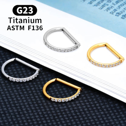 G23 Titanium round Hoop D Shape Nose Ring Daith Heart Earring 16G CZ Hinged Segment Ear Tragus Cartilage Helix Piercing Jewelry