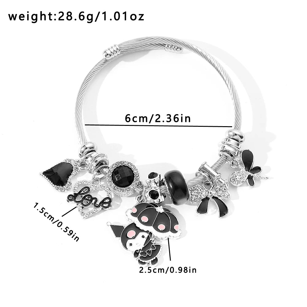 Hot Selling Sanrio Charm Bracelets for Women with Black Crystal Beads Bow Pendant DIY Bracelets Kuromi Fashion Jewelry