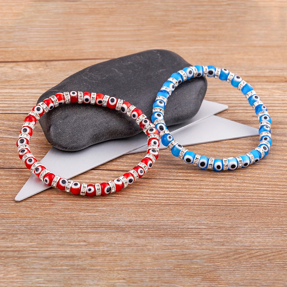 Hot Sale Lucky Evil Eye Handmade Elastic Rope Bracelets Glass Beads and 6MM Crystal 8 Colors Fine Party Adjustable Jewelry