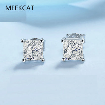 2 Carat Princess Cut Moissanite 4 Prong Solitaire Stud Earrings in 18K White Gold Plating for Women