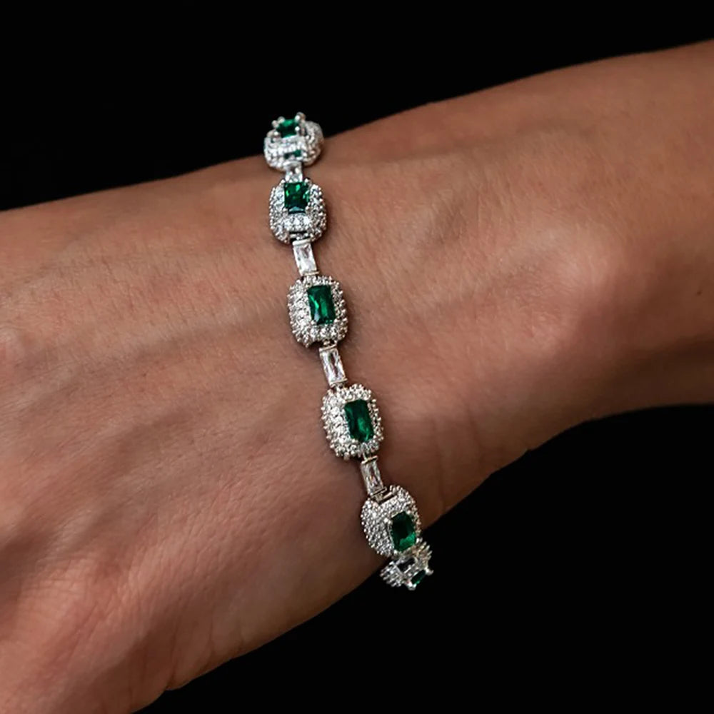 Fine Jewelry White Gold Emerald Bracelet with Diamond 7Mm Iced Green Emerald Bracelet Gemstone Women Men Gift