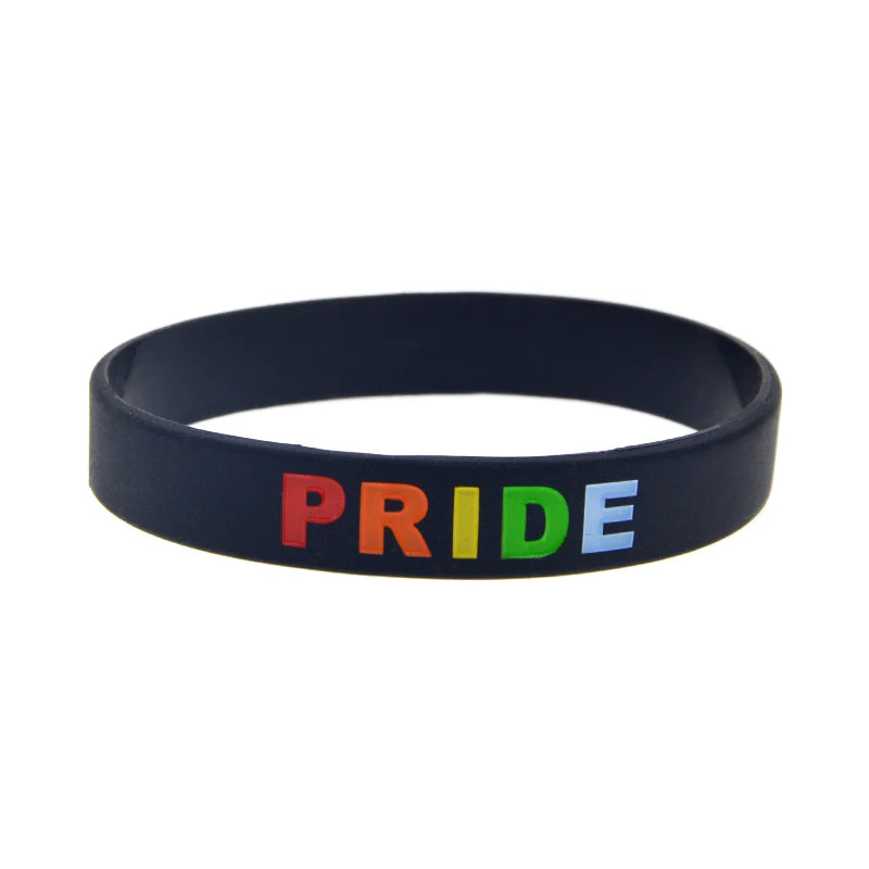 1 PC Rainbow Color Logo Pride Silicone Wristbands 1/2 Inch Wide Bangle Fashion Bracelet for LGBT Black and White